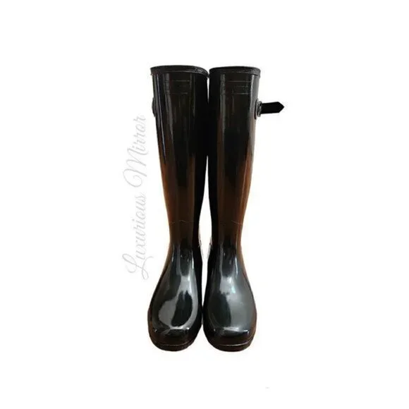 Hunter Womens Tall Gloss Rain Boots 6 Black Rubber Mid Calf Block Buckle New - Picture 3 of 8